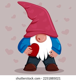 Romantic Gnome With Heart. Vector isolated flat character on the background with heats. Illustration for Valentine Day