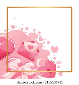 Romantic gold frame with letter, perfume, hearts and love padlock on watercolor background for love card