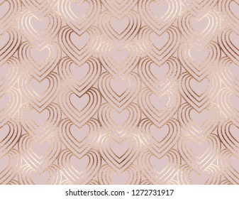 Romantic gold glitter stripe hearts seamless pattern. 