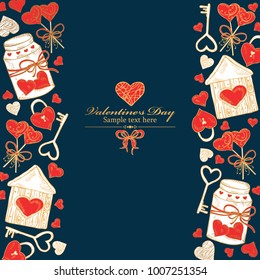 Romantic golden background for Valentine's day.  Vector hand drawn illustration.