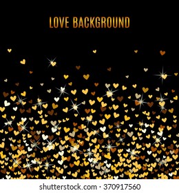 Romantic golden heart frame on black background. Vector illustration for holiday design. Many flying gold confetti hearts. For wedding card, valentine day greetings, lovely frame.