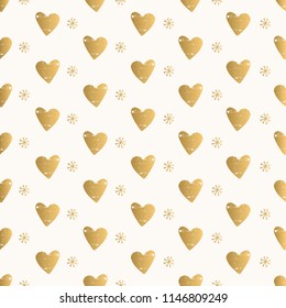 Romantic golden pattern with hearts and snowflakes. Winter decorative design. Hand drawn vector artwork.