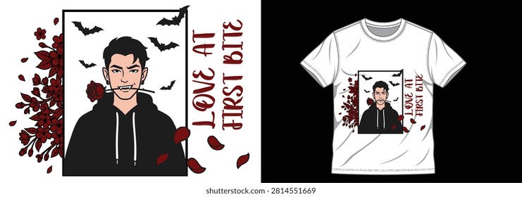 Romantic gothic graphic featuring a vampire boy with fangs holding a rose in his mouth, surrounded by flying bats and red flowers with the text Love At First Bite. Clean vector artwork perfect for printing on t-shirts, hoodies, streetwear, and merchandise for Halloween or dark romance themes.
