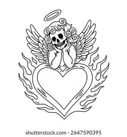 romantic gothic illustration of angel skull with burning heart.old style tattoo art