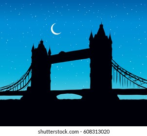 Romantic gothic old suspension bridgework place with space for text on blue nightfall starry sky backdrop. Gloaming scenic urban view. Dark ink hand drawn picture logo in art retro print style with