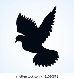 Romantic grace volant dove isolated on white background. Pax allegory concept. Dark ink drawn logo sketch in art doodle style pen on paper. View closeup with space for text on sky
