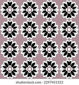 Romantic and graceful black and white floral seamless repeating pattern with pink flowers on dark background, perfect for sophisticated summer parties or trendy home decor.