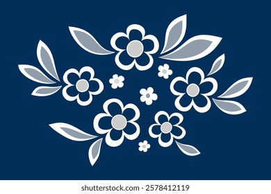 Romantic graceful floral vector illustration. Floral design element. White flowers and leaves on dark blue background. Bouquets of flowers in folklore style. Vintage delicate design for greeting card