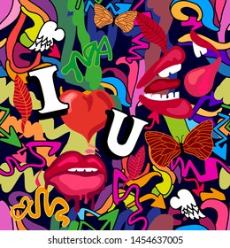 Romantic graffiti print. Seamless vector pattern with lips, hearts, wings, leaves and other graphic elements inspired by street art. Template for cards, covers and textile design.