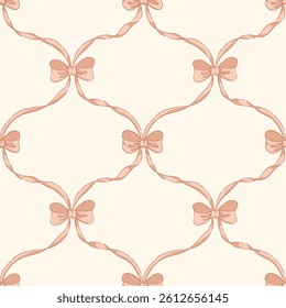 Romantic Grandmillennial blush bows and ribbon ogee trellis vector seamless pattern pattern on cream background. Vintage decorative cottagecore print for textiles, wedding, nursery, wallpaper