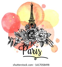 Romantic graphic card Paris. Vector illustration. Manual graphics. Watercolor bacground.
