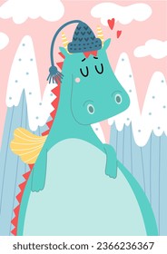 Romantic green dragon dreams of love with a mountain in the background. Scandinavian flat style animal. Doodle vector illustration.