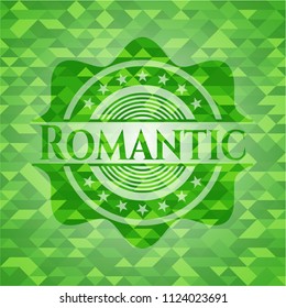 Romantic green emblem with triangle mosaic background