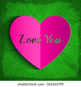 Romantic greeting background with paper heart cut out inscription on green hand drawn elements pattern vector illustration