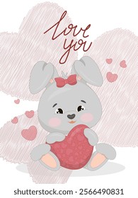 Romantic greeting card with adorable gray rabbit and heart. For Saint 14th February holiday. Flat vector illustration for card, invitation, banner, poster, flyer, label or cover