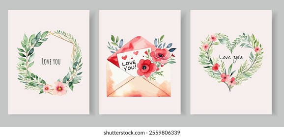 Romantic greeting card background with "love you" lettering, flower and botanical leaves, Organic shapes, Watercolor. Abstract art background vector design