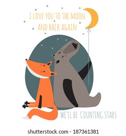 Romantic greeting card with bear and fox. Card about friendship. I love you to the moon and back again.