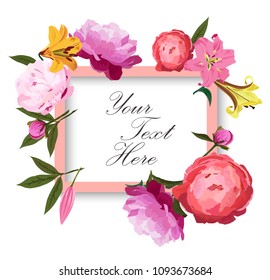 Romantic greeting card with beautiful peonies and lilies flowers. Hand drawn vector illustration.