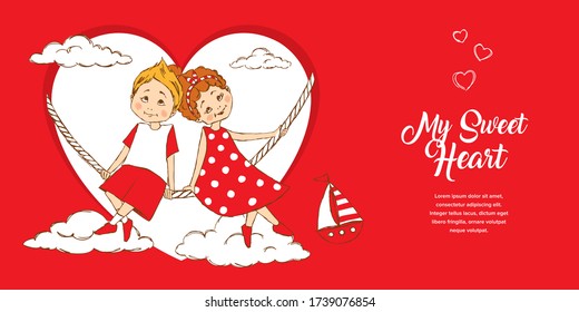 Romantic greeting card with a cartoon boy and girl with a heart, clouds and a boat.