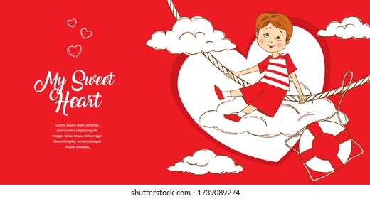 Romantic greeting card with a cartoon boy,  heart, clouds and a lifebuoy.