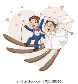 Romantic greeting card with cartoon bride and groom on ski. Cute wedding couple skiing in pastel colors. Fun vector illustration for wedding invitation design.
