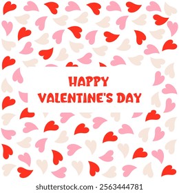 Romantic greeting card, cute Happy Valentine's Day banner design. Festive background with many red, pink, pastel hearts on white fabric background. Template for promotion and shopping for love 