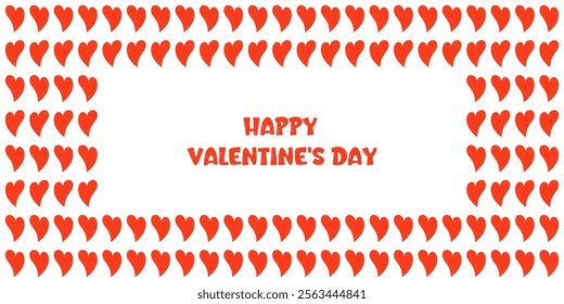 Romantic greeting card, cute Happy Valentine's Day banner design. Festive background with many red hearts on white fabric background. Love and Valentine's Day concepts. Horizontal poster, flyer