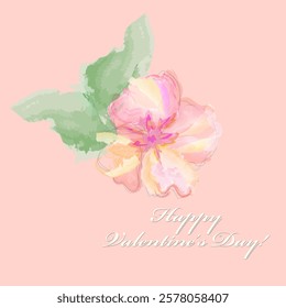 Romantic greeting card with cute isolated watercolor flower and text ‘Happy Valentine’s Day!’ on pink background. For Valentine’s Day design, happy birthday greeting card, mother day. Vector.