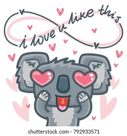 Romantic greeting card with cute Koala bear madly in love and lettering text: I love you infinitely. Hand drawn love illustration with hearts in cartoon style