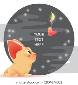 Romantic greeting card design for Valentine day. Cute illustration of sitting kitten, red heart, moon, and night sky. Stars in the sky have a shape of cat footprints. Vector eps10 format.
