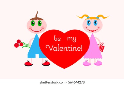 Romantic greeting card design for Valentine's Day. Be My Valentine. Cute boy and girl give gifts to each other.