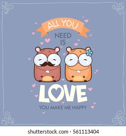 Romantic greeting card with funny animal characters.