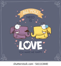Romantic greeting card with funny animal characters.