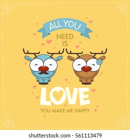 Romantic greeting card with funny animal characters.