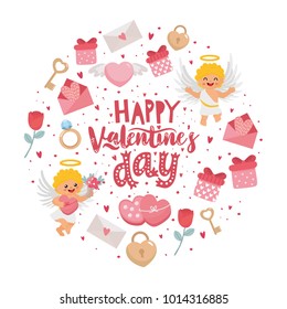 Romantic greeting card. Hand-lettering message “Happy Valentine's Day”. Template for wedding invitation, banner, Valentine’s Day poster. Original holiday design with cupid angels.