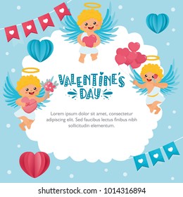 Romantic greeting card. Hand-lettering message “Valentine's Day”. Template for wedding invitation, banner, Valentine’s Day poster. Original holiday design with cupid angels.