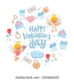 Romantic greeting card. Hand-lettering message “Happy Valentine's Day”. Template for wedding invitation, banner, Valentine’s Day poster. Original holiday design with cupid angels.