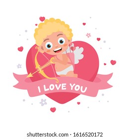Romantic greeting card. Illustration of cute cartoon cupid. Cupid angel shoots a bow. Original holiday design. Template for banner, Valentine’s Day poster. 
