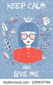 Romantic greeting card. "Keep calm and love me" inscription.
