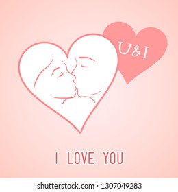 Romantic greeting card with kissing couple with phrases "I love you" and "U&I" for Valentine's Day
