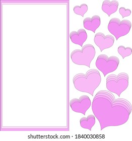 Romantic greeting card with large purple-pink hearts. Shadows from many hearts of different sizes. Place under the label. Copyspace. Congratulations on Valentine's day, anniversary, wedding