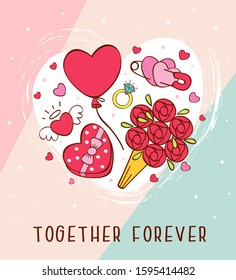 romantic greeting card with love icons for Valentines day- vector illustration, eps    
