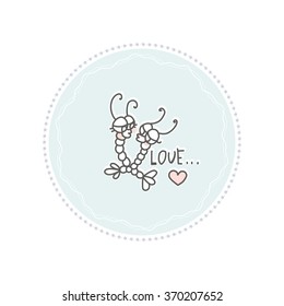 Romantic greeting card I love you. Couple loving shrimp boy husband and  girl wife. Doodle funny sea shrimps on blue background. Shrimp collection