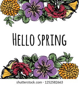 Romantic greeting card in pastel colors. Hello spring text. Spring wording with floral elements 