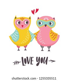 Romantic greeting card or postcard template with pair of cute owls and Love You inscription handwritten with cursive font. Colorful vector illustration in flat cartoon style for St. Valentines Day