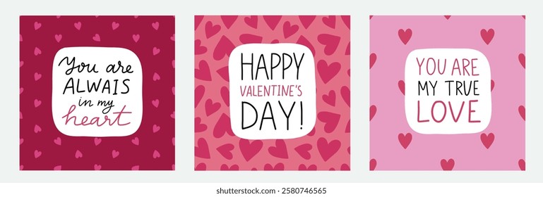 Romantic greeting card set with heart pattern and love quotes. Cute love badge, lettering, doodle sticker. Valentine's Day quote. Vector illustration