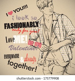 Romantic greeting card with stylish boy and text. Vector collection.