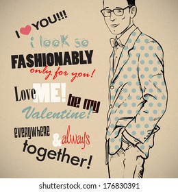 Romantic greeting card with stylish boy and text. Vector collection.