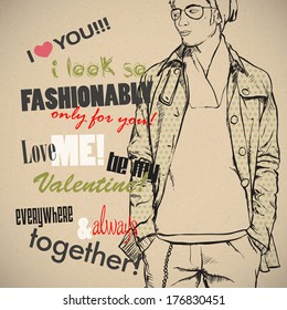Romantic greeting card with stylish boy and text. Vector collection.