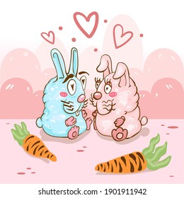 Romantic greeting card with two animals. Vector Illustration of cute loving couple. Card about friendship and love. Valentine s Day card, poster or print template.